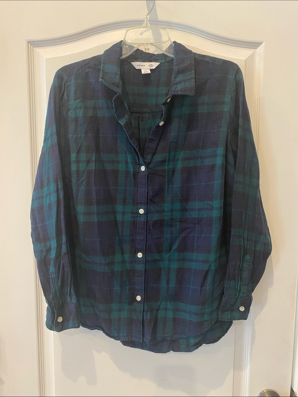 GAP Navy and Green Plaid Button-Down Shirt